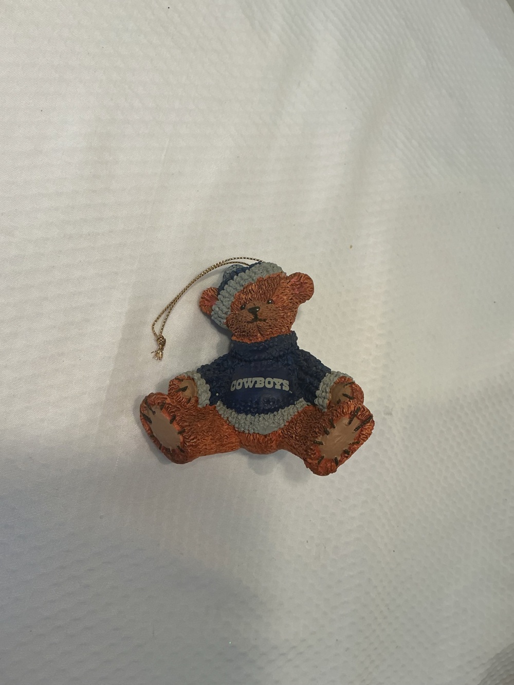 Russ Brown Teddy Bear Ornament with Blue Cowboys Sweater and Gold Cord
